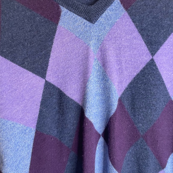 Eildon Hills Men's XL V Neck Argyle Merino Wool Sweater Blue Purples 3644 - Picture 2 of 7